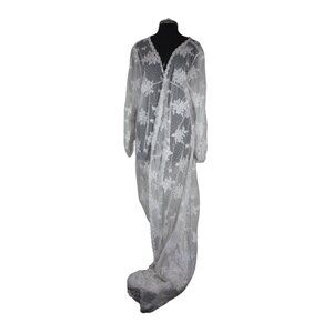 Embroidered‎ white floral beaded sheer lace bridal train robe boudoir jacket 28